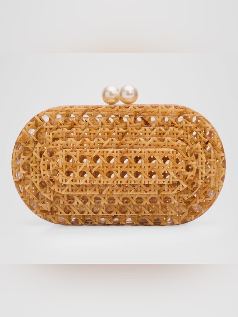 NWOT Woven Rattan Acrylic Pearl Closure Clutch or Shoulder Bag or Purse